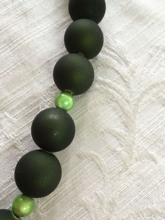 Necklace, Dark Olive with lime Beads, Handmade, 54 cm,