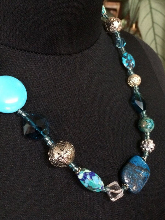 Womens Necklace, Blues and Silver, Handmade, 54 cm