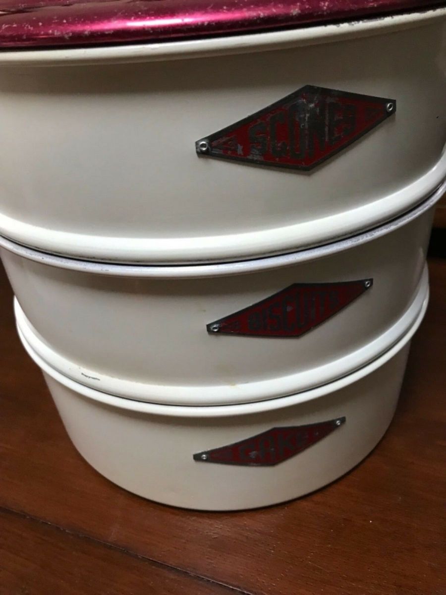 Vintage Enamel 3 Tiered Canisters- Cake Scones Biscuits, Red White