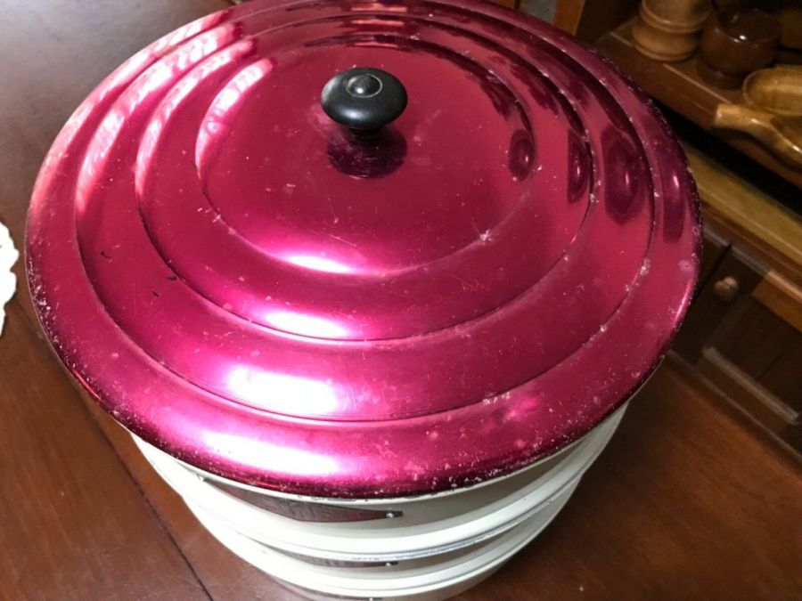 Vintage Enamel 3 Tiered Canisters- Cake Scones Biscuits, Red White