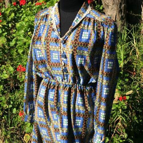 Dress 1970's, Handmade, Green Blue geometric Print, Brand New