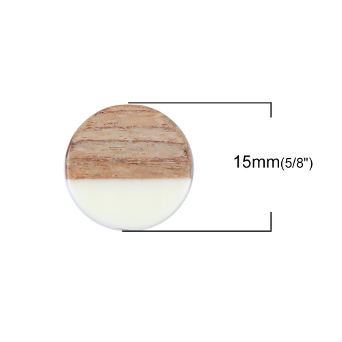 Resin Wood Effect Spacer Beads Flat Round, Off White and Coffee, 15mm, 2pcs