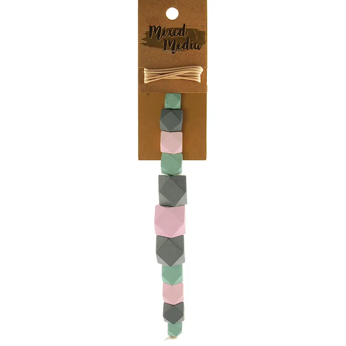 Wooden Beads Cube Mix, Pink Mint Grey, 11pcs plus 1metre twine
