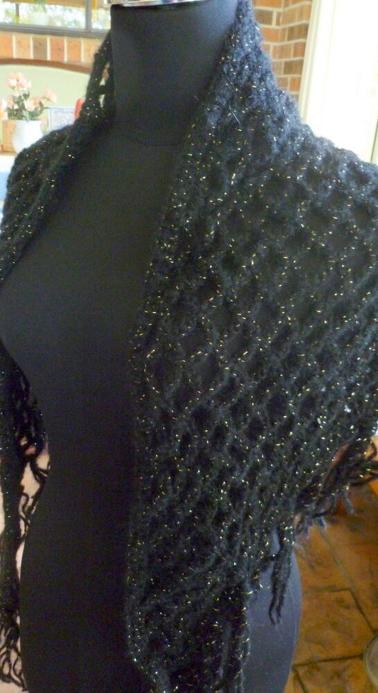 Shawl, Crocheted - Black with Gold Flecks, Brand New, Handmade