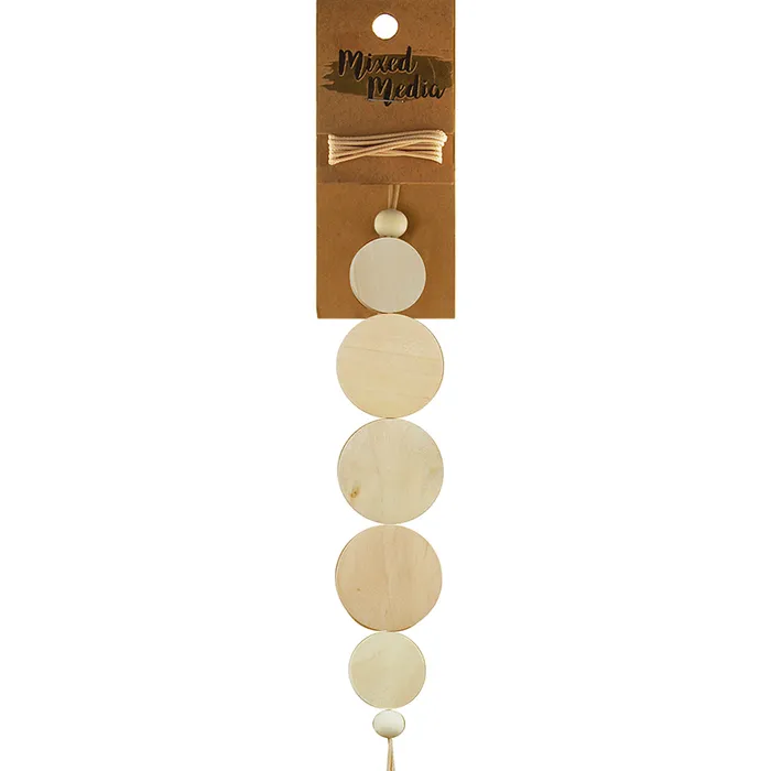 Wooden Beads, Flat Round Mix 7pcs + Twine