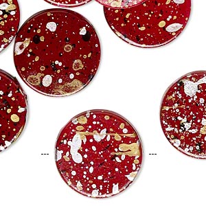 Acrylic Bead, Flat Round, red with gold silver black speckles, 19mm, 60pcs