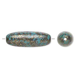 Bead, antiqued gold-finished plastic, blue-green and black, 35x12mm , 14pcs
