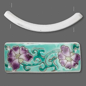 Link, porcelain, 47x17mm curved rectangle with green and purple flowers, 4 hole. Sold per pkg of 2.