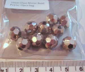 Glass Mirror Beads, Pewter, 12mm 6pcs Ribtex