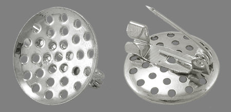 Antique Silver, Brooch Pin Back with Sieve for Beading 16mm base, 10 pcs