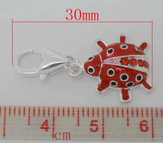 Clip on charm, Ladybug, silver plated, enamel red, 30 x15mm, 1pc