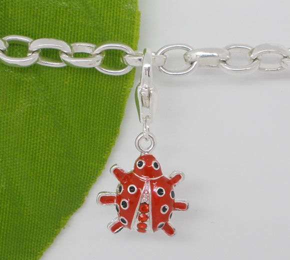 Clip on charm, Ladybug, silver plated, enamel red, 30 x15mm, 1pc