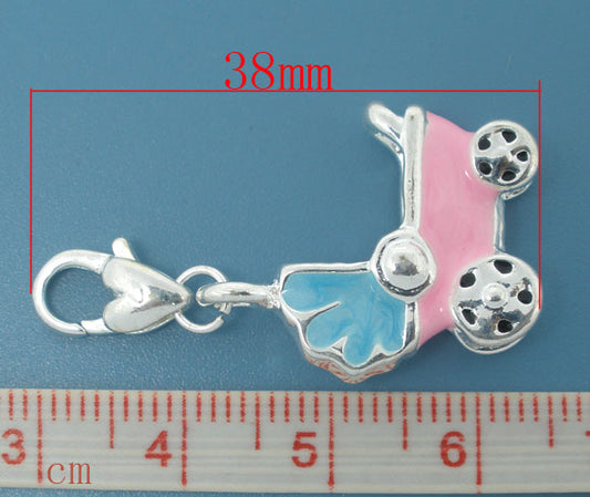 Clip on charm, Pram, silver plated, rhinestone purple, enamel pink, 25 x 6mm, 1pc