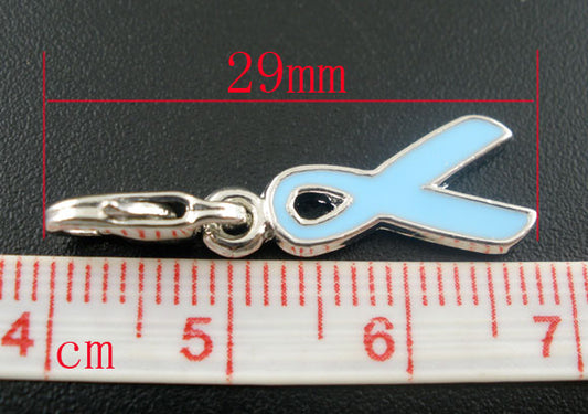 Clip on charm, Awareness Ribbon Charm,blue, silver plated, enamel, 29x 11mm, 1pc