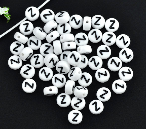 Acrylic White Alphabet/Letter "Z", Coin Spacer Beads, 7mm, 10 pcs