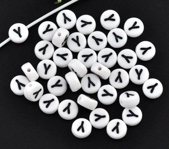 Acrylic White Alphabet/Letter "Y", Coin Spacer Beads, 7mm, 10 pcs