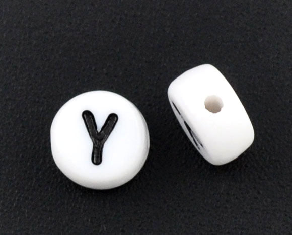 Acrylic White Alphabet/Letter "Y", Coin Spacer Beads, 7mm, 10 pcs