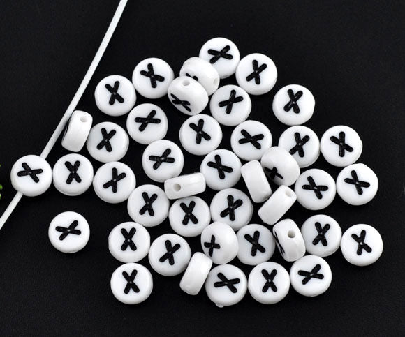 Acrylic White Alphabet/Letter "X", Coin Spacer Beads, 7mm, 10 pcs