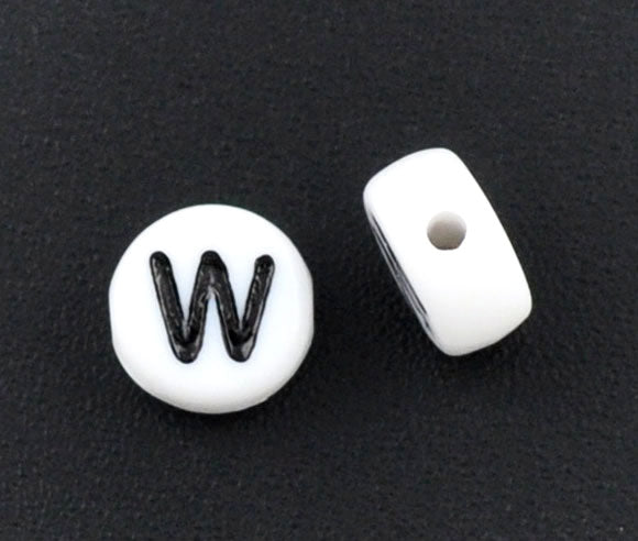 Acrylic White Alphabet/Letter "W" Coin Spacer Beads, 7mm, 10 pcs
