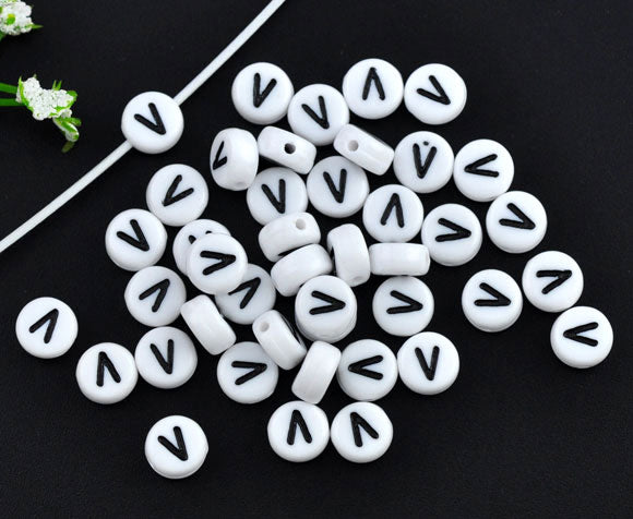 Acrylic White Alphabet/Letter "V" Coin Spacer Beads, 7mm, 10 pcs