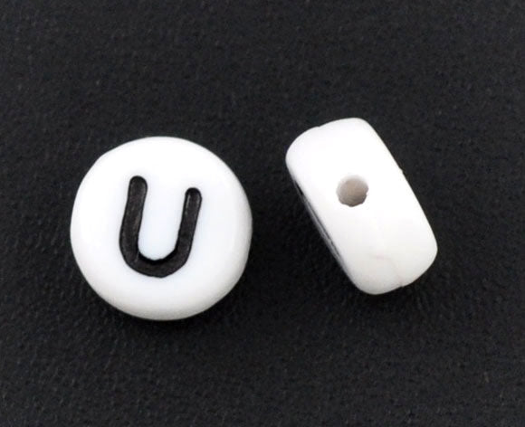 Acrylic White Alphabet/Letter "U" Coin Spacer Beads, 7mm, 10 pcs