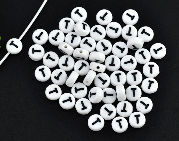 Acrylic White Alphabet/Letter "T" Coin Spacer Beads, 7mm, 10 pcs