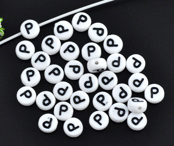 Acrylic White Alphabet/Letter "P" Coin Spacer Beads, 7mm, 10 pcs