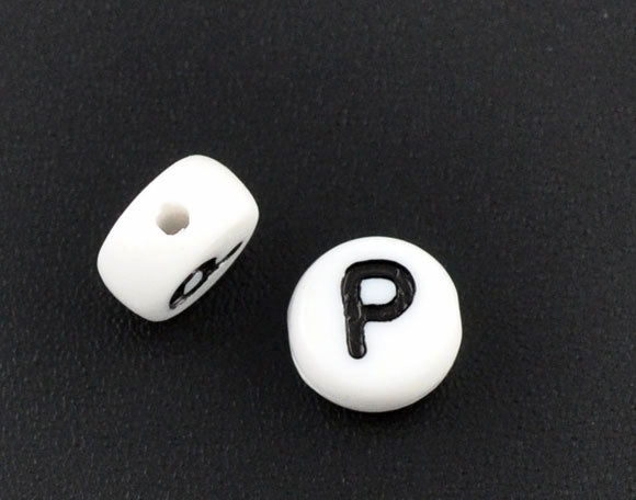 Acrylic White Alphabet/Letter "P" Coin Spacer Beads, 7mm, 10 pcs