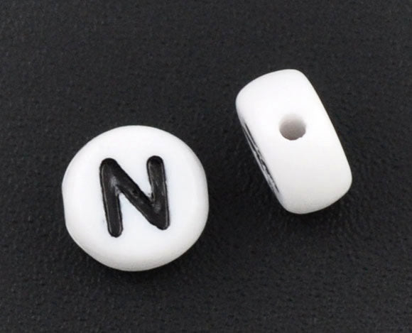 Acrylic White Alphabet/Letter "N" Coin Spacer Beads, 7mm, 10 pcs