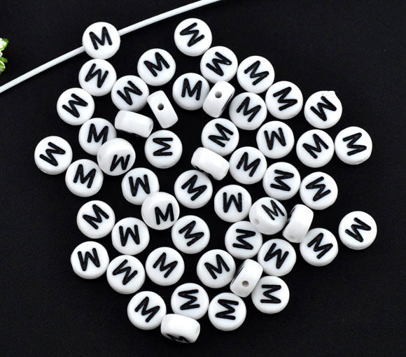 Acrylic White Alphabet/Letter "M" Coin Spacer Beads, 7mm, 10 pcs