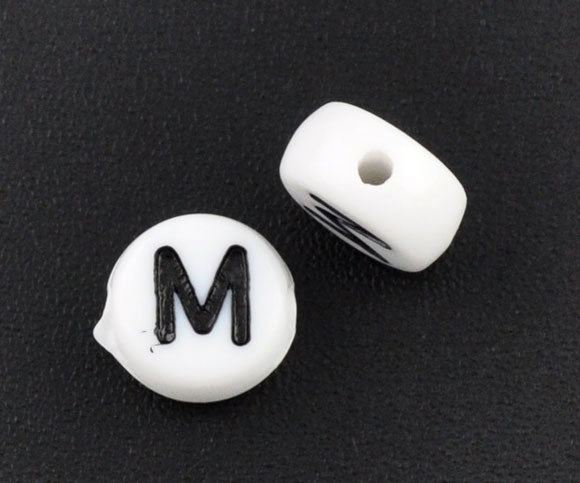 Acrylic White Alphabet/Letter "M" Coin Spacer Beads, 7mm, 10 pcs
