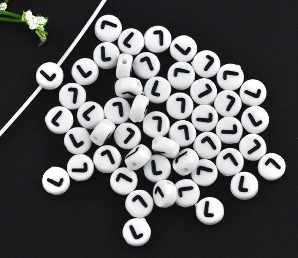 Acrylic White Alphabet/Letter "L" Coin Spacer Beads, 7mm, 10 pcs