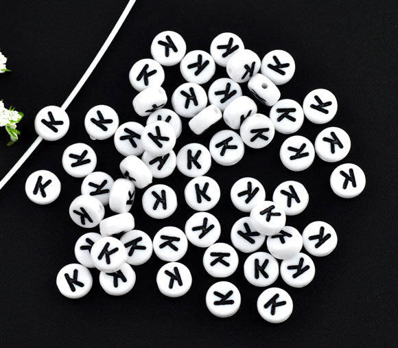 Acrylic White Alphabet/Letter "K" Coin Spacer Beads, 7mm, 10 pcs