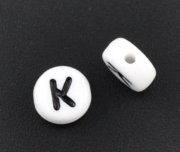 Acrylic White Alphabet/Letter "K" Coin Spacer Beads, 7mm, 10 pcs