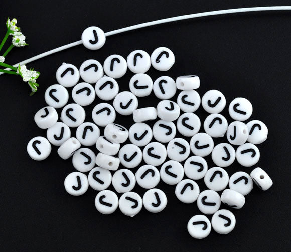Acrylic White Alphabet/Letter "J" Coin Spacer Beads, 7mm, 10 pcs