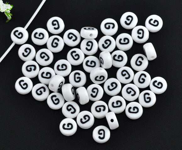 Acrylic White Alphabet/Letter "G" Coin Spacer Beads, 7mm, 10 pcs