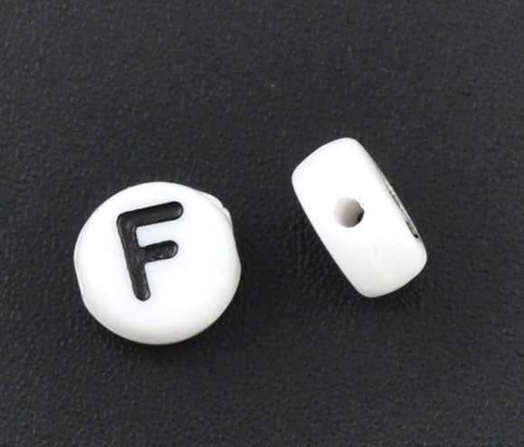 Acrylic White Alphabet/Letter "F" Coin Spacer Beads, 7mm, 10 pcs