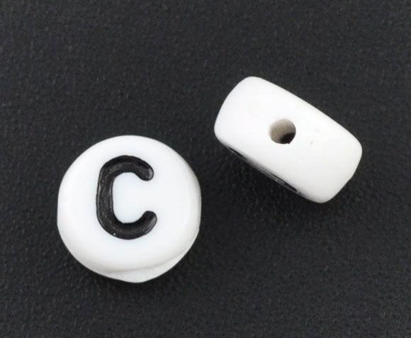 Acrylic White Alphabet/Letter "C" Spacer Beads, 7mm, 10 pcs