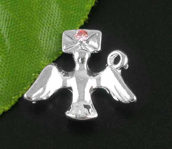 Silver Plated Rhinestone Pigeon & Letter Charm Pendants 18x17mm, 5 pcs