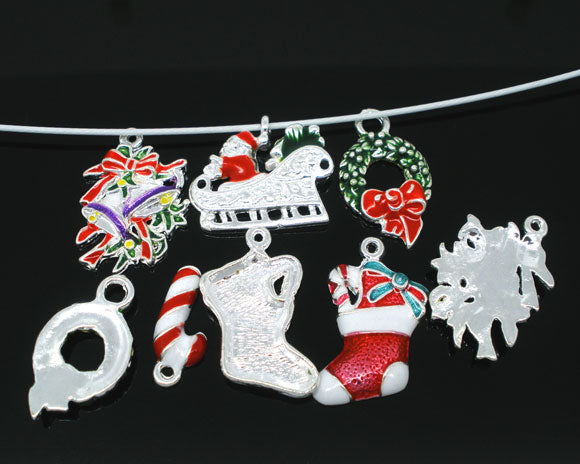 Silver Plated Enamel Christmas Mixed Charms,10pcs