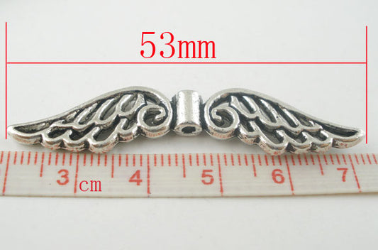 Antique Silver Angel Wings Charm Bead, 53 x10mm, 10pcs