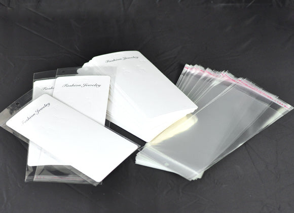 Earring Display Cards With Self Adhesive Seal Plastic Bags 19.5x9cm, 50pcs - White