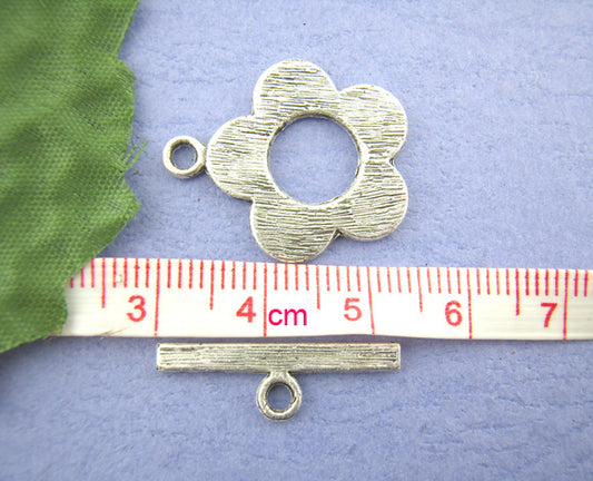 Antique silver Toggle Clasps, Flower Design, 20x25mm, 20 sets