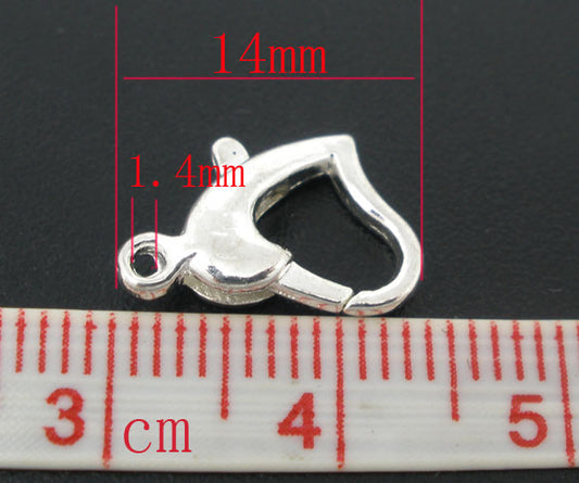 Silver Plated Lobster Clasps, Heart Design, 14x9mm, 20 pcs