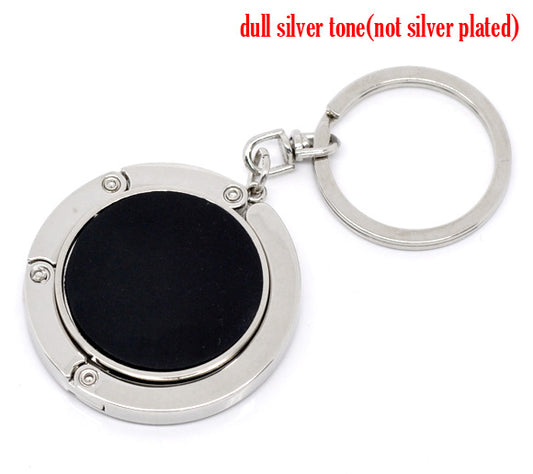 Antique Silver, Folding Purse Hook Handbag Hanger with Key Ring, 2 pcs - setting on one side