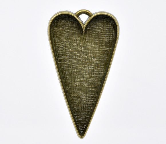 Antique Bronze, Pendants, heart shape, Blank Casing, 53x30mm. 5pcs