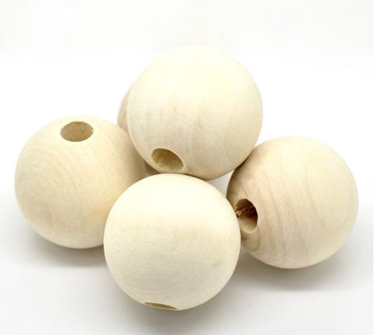 Wooden Beads Round, 33mm, 5 pieces, Raw (10mm hole)