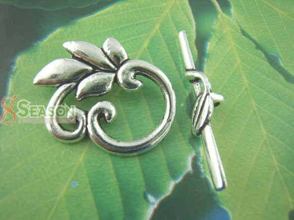 Antique Silver Toggle Clasp, Leaf Design, 20 sets