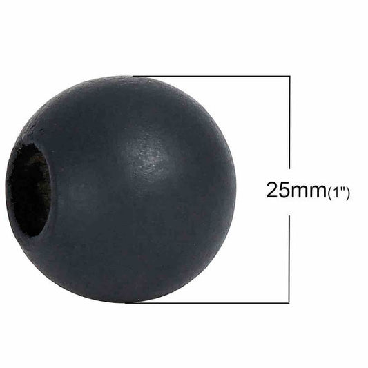 Wooden Beads Round, 25mm, Dark Gray, 20pcs, Hinoki Wood