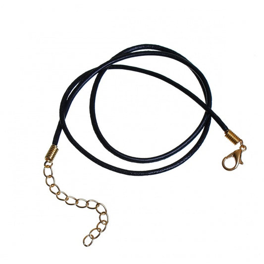Leather Black Necklaces, 2mm, gold plated clasp 44.5cm  - 5 pcs